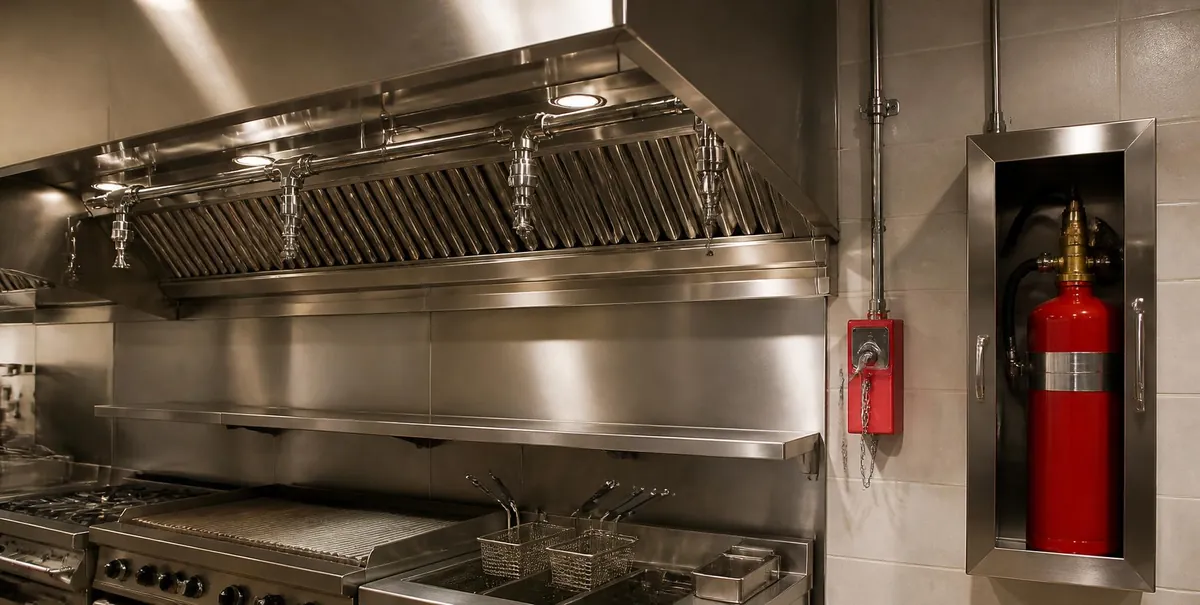 Kitchen exhaust hood with fire suppression nozzles, a manual pull station and agent cylinder